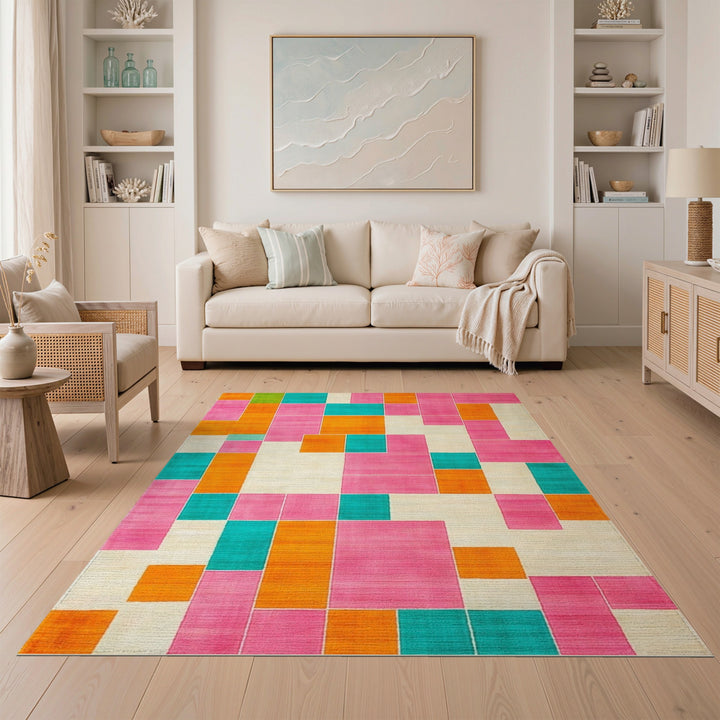 Vibrant Geometric Multi-Color Block Multi-color and Patterns Area Rug