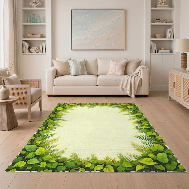 Lush Green Fern Leaf Border Area Rug