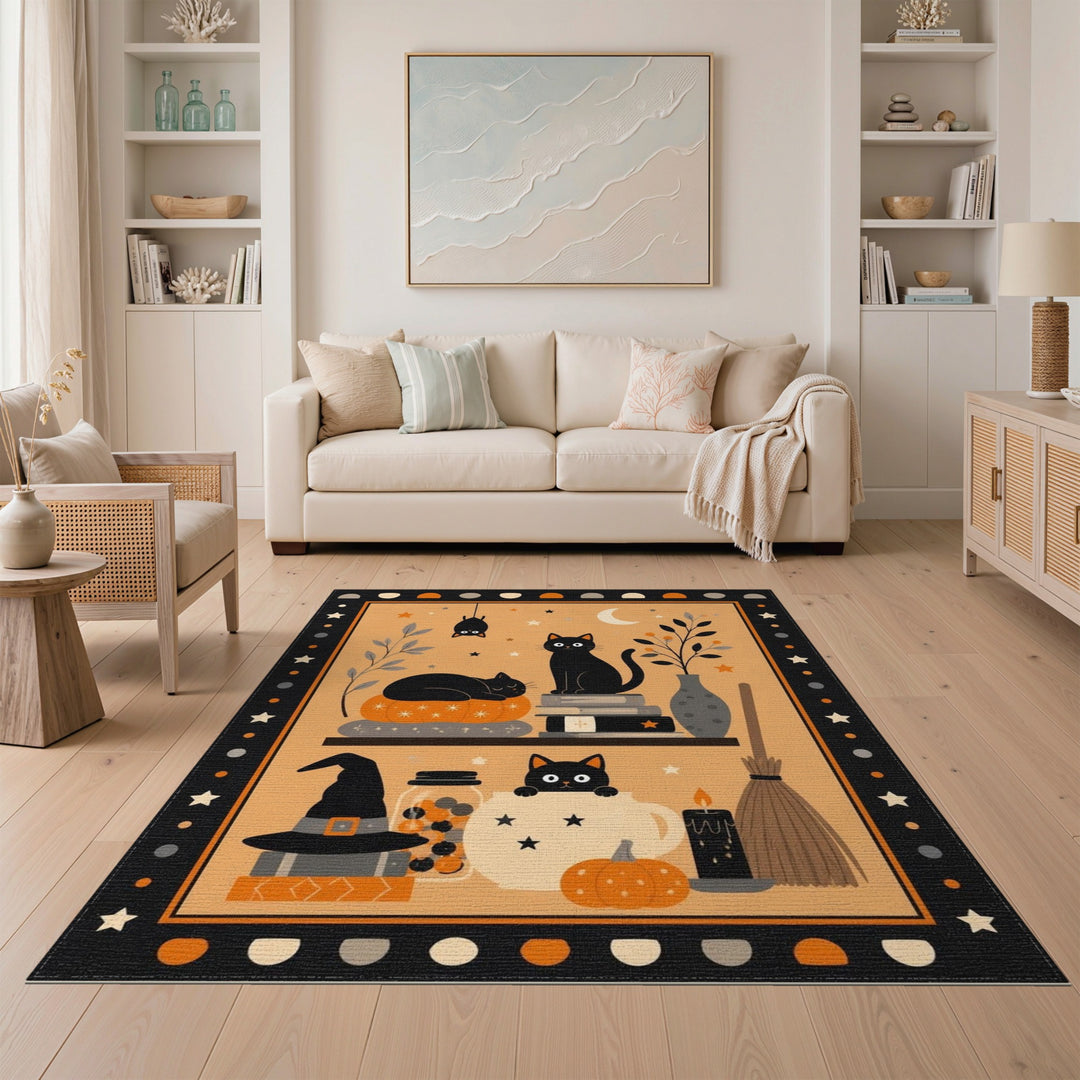Multi-color and Patterns Black Cat Halloween Washable Area Rug