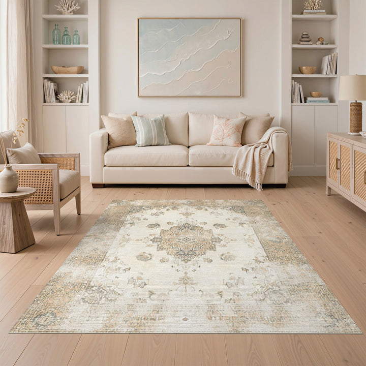 Distressed Vintage Beige Medallion Rug