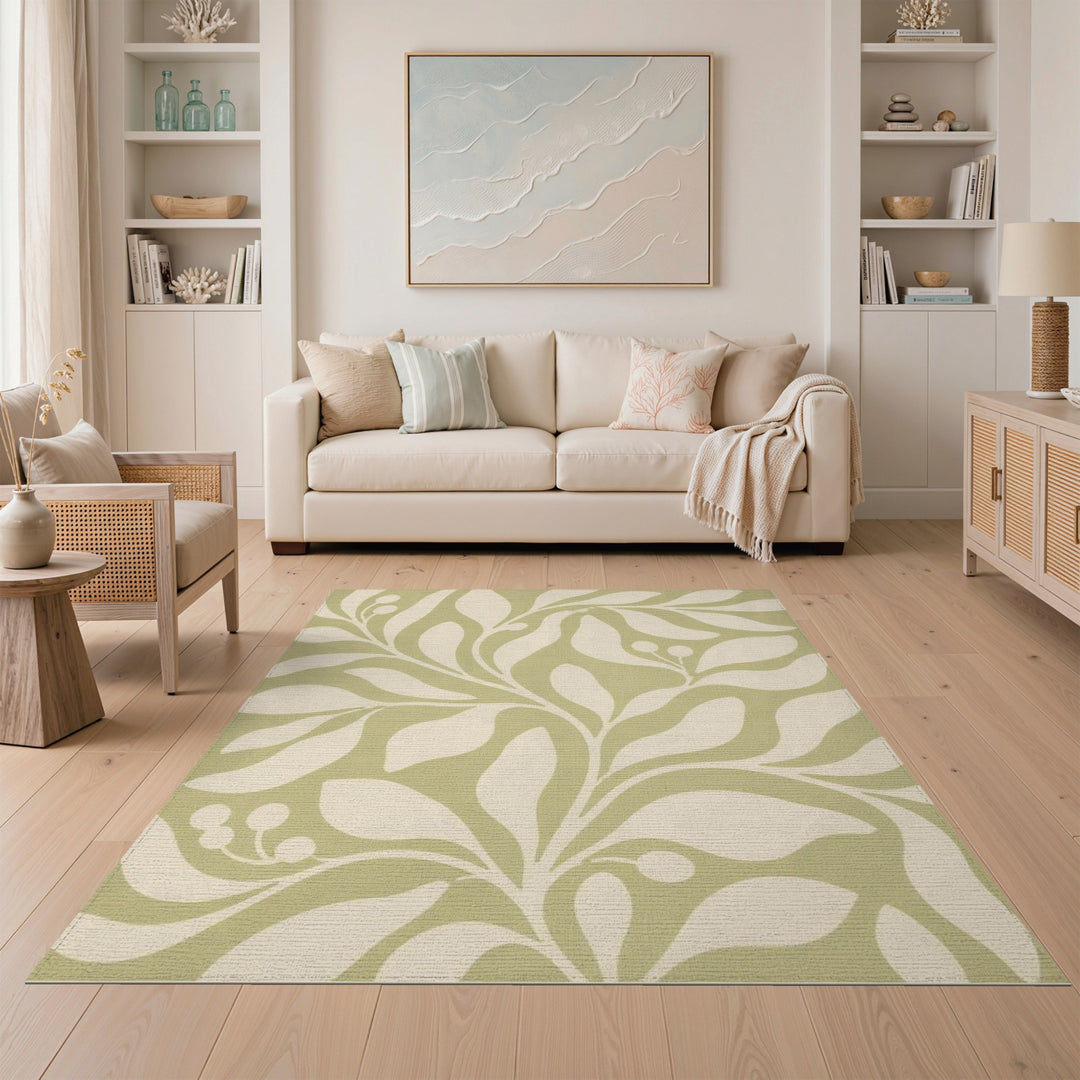 Sage Green Floral Leaf Area Rug