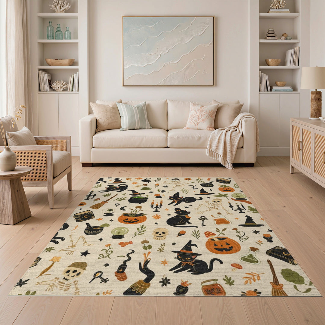 Beige and Neutral Spooky Black Cat Halloween Area Rug