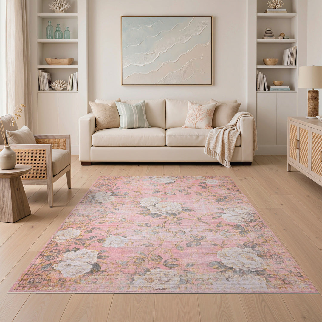 Pink Peony Floral Vintage Area Rug