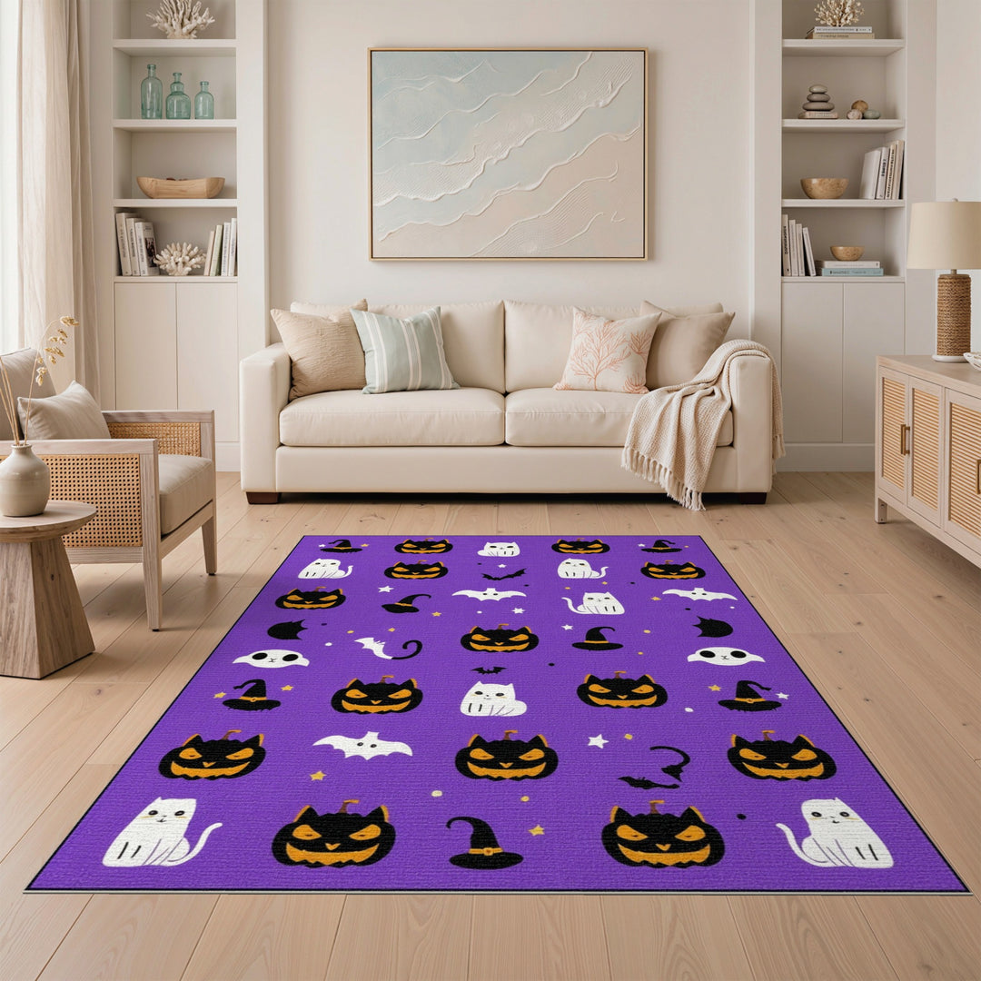 Purple Halloween Cats and Pumpkins Area Rug