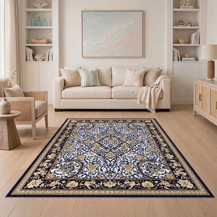 Black Gold Persian Floral Medallion Rug