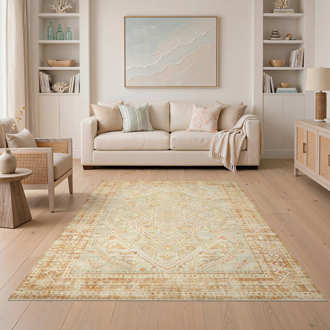 Distressed Beige Geometric Vintage Rug