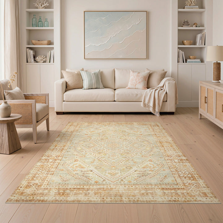 Distressed Beige Geometric Vintage Rug