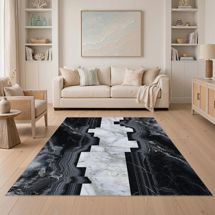 Black and White Black White Marble Geometric Area Rug
