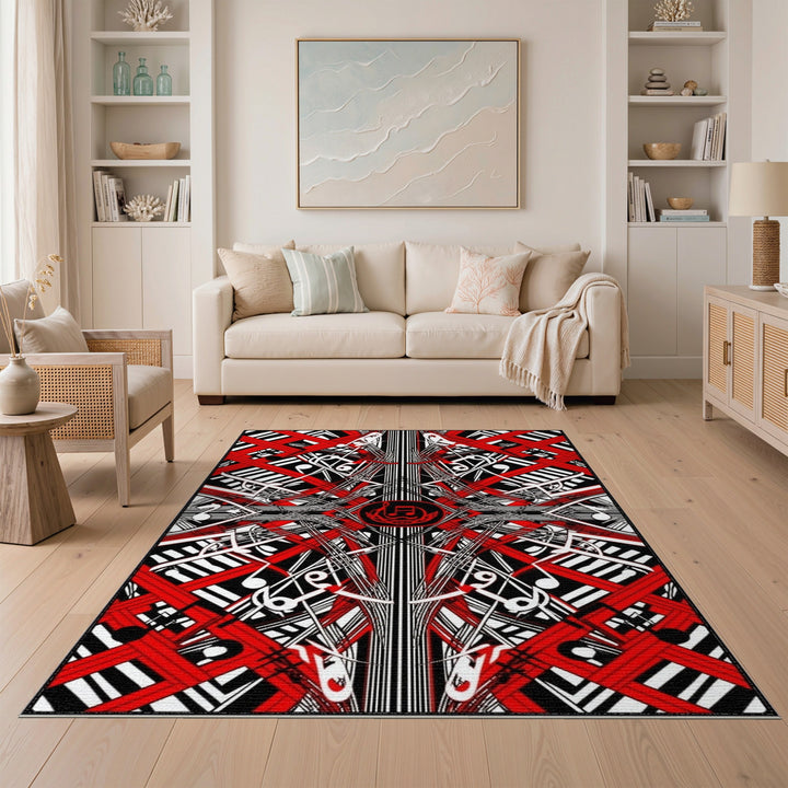 Red Music Notes Geometric Area Rug