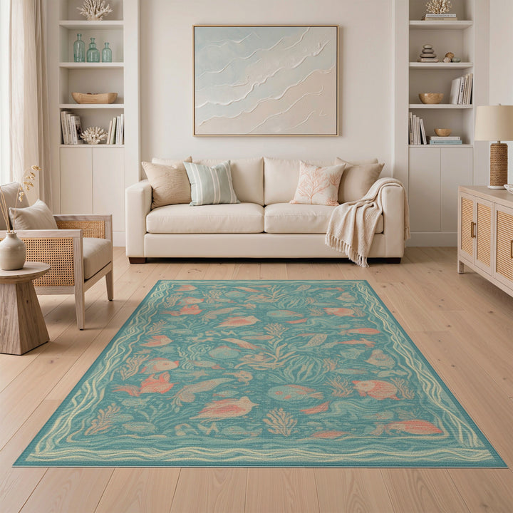 Blue and Teal Blue Teal Ocean Fish Washable Area Rug