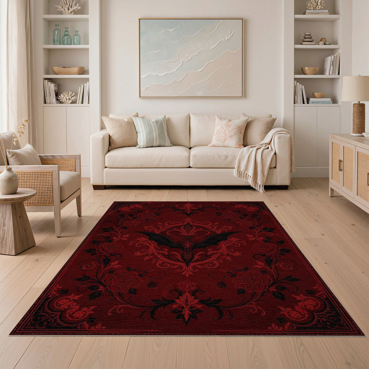 Red Gothic Rose Bat Area Rug