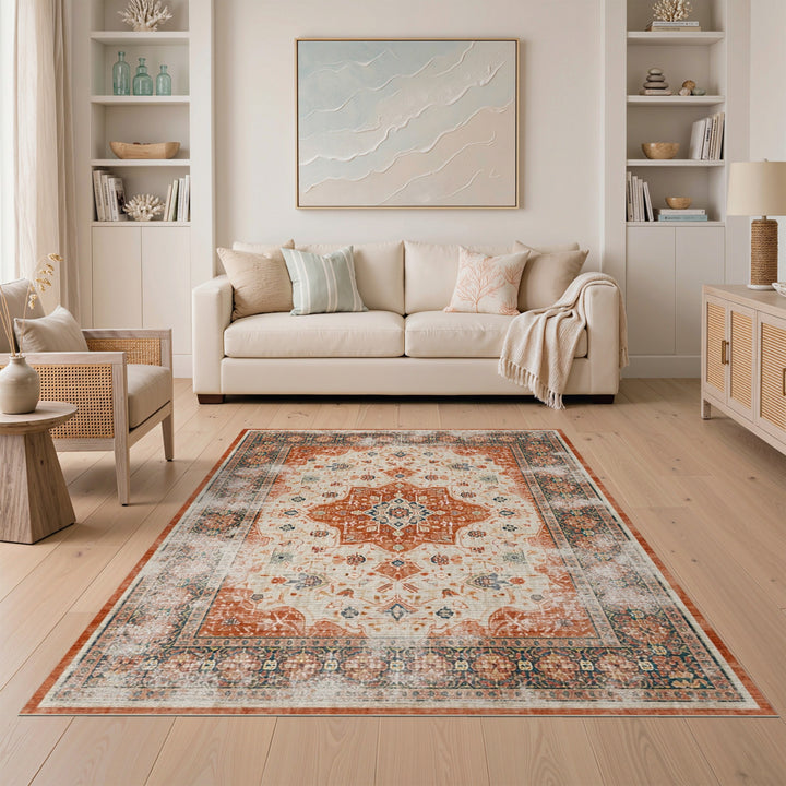 Orange Distressed Persian Medallion Rug