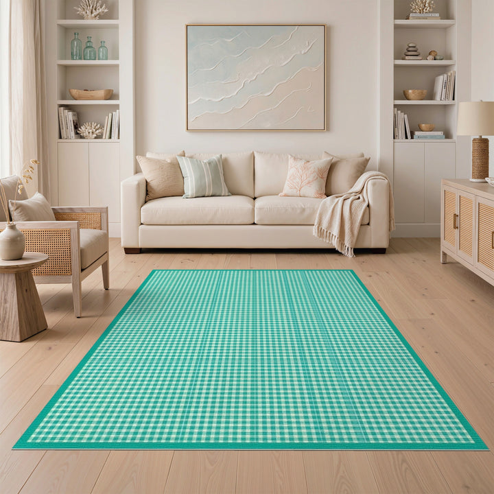 Teal Gingham Checkered Washable Area Rug