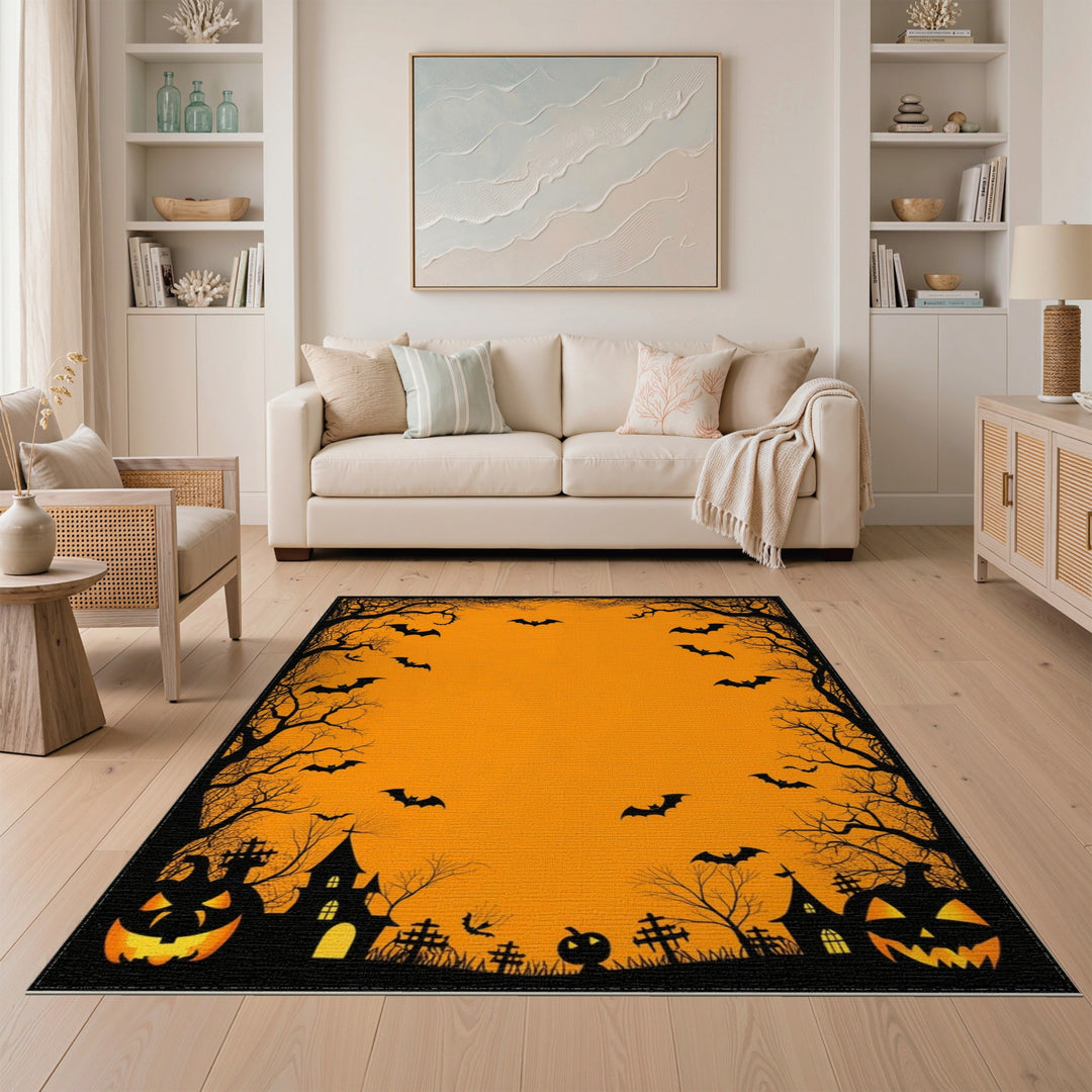 Spooky Halloween Orange Bat Area Rug