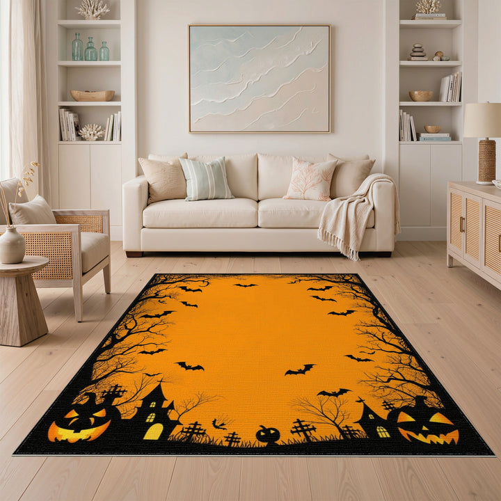 Spooky Halloween Orange Bat Area Rug