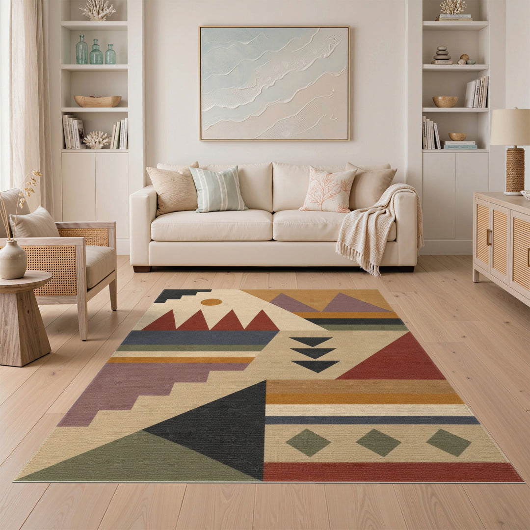 Geometric Modern Area Rug with Earth Tone Triangles