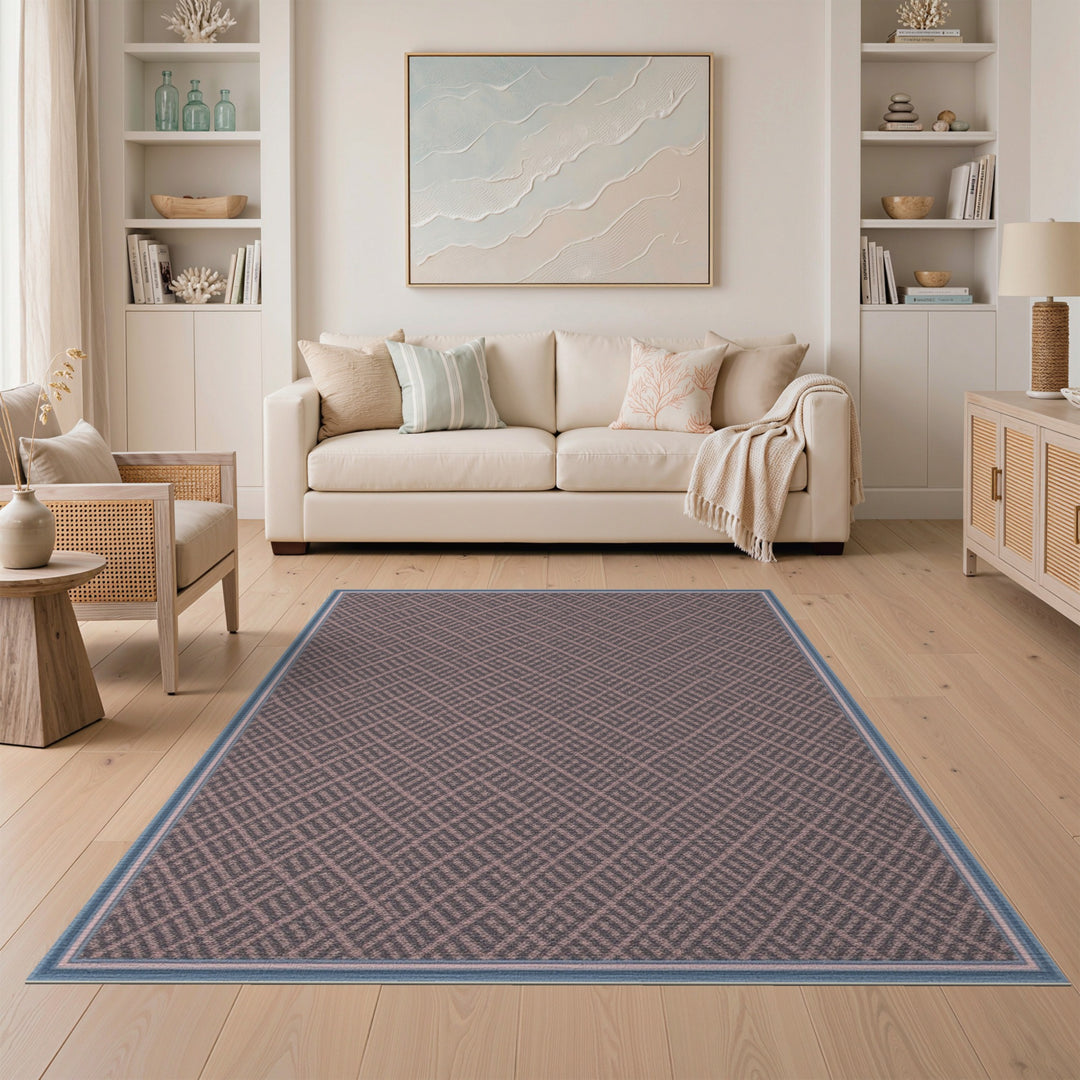 Blue Border Pink Geometric Lattice Rug