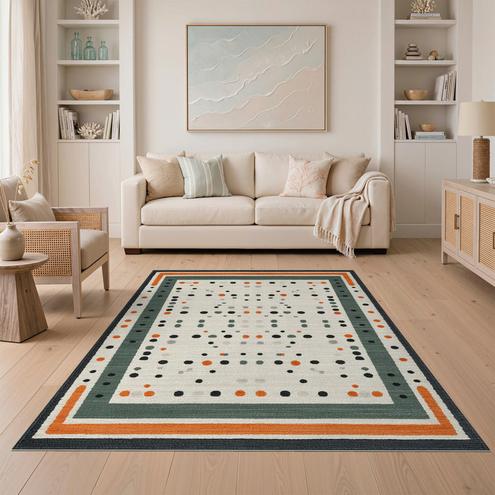 Modern Geometric Dot Area Rug with Orange Border