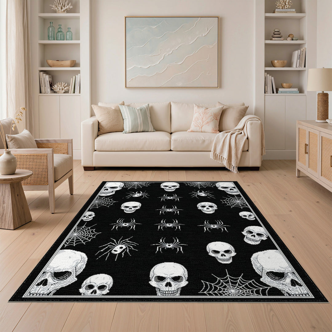 Black White Skull Spider Area Rug