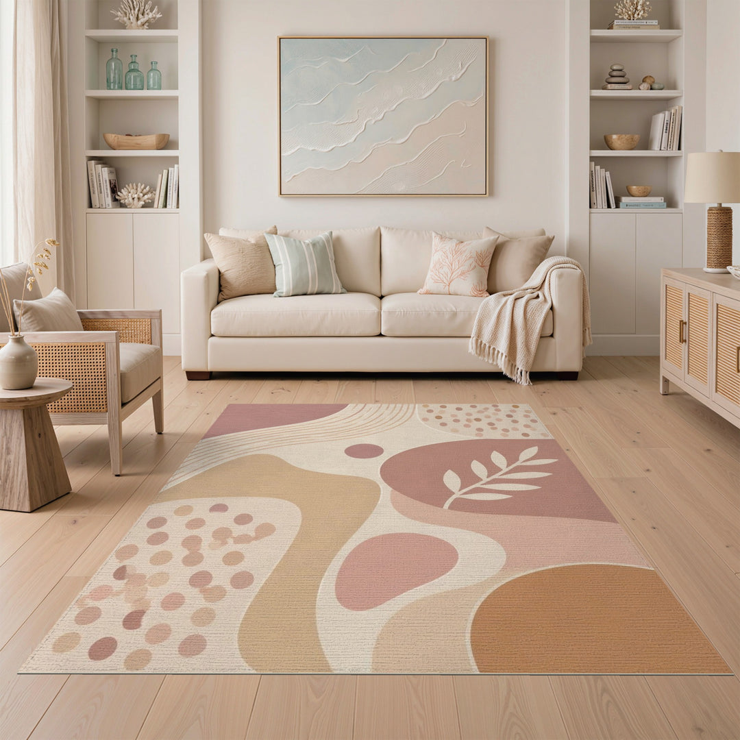 Abstract Neutral Beige Area Rug with Leaf Motif