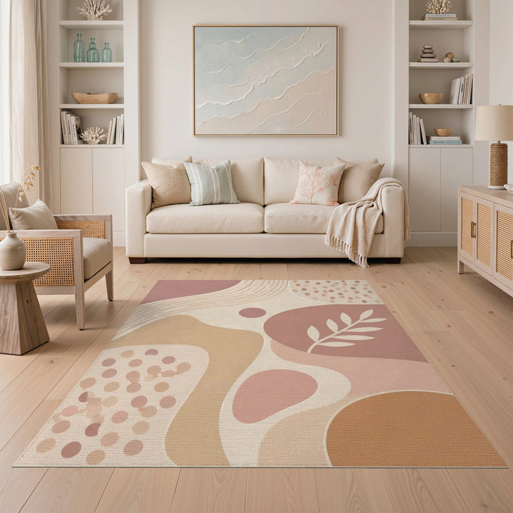 Abstract Neutral Beige Area Rug with Leaf Motif