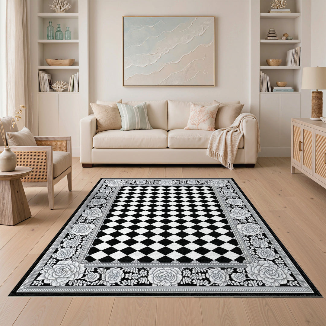 Black White Rose Floral Checkered Area Rug