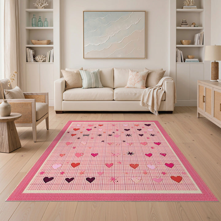 Pink Plaid Hearts Kids Washable Area Rug