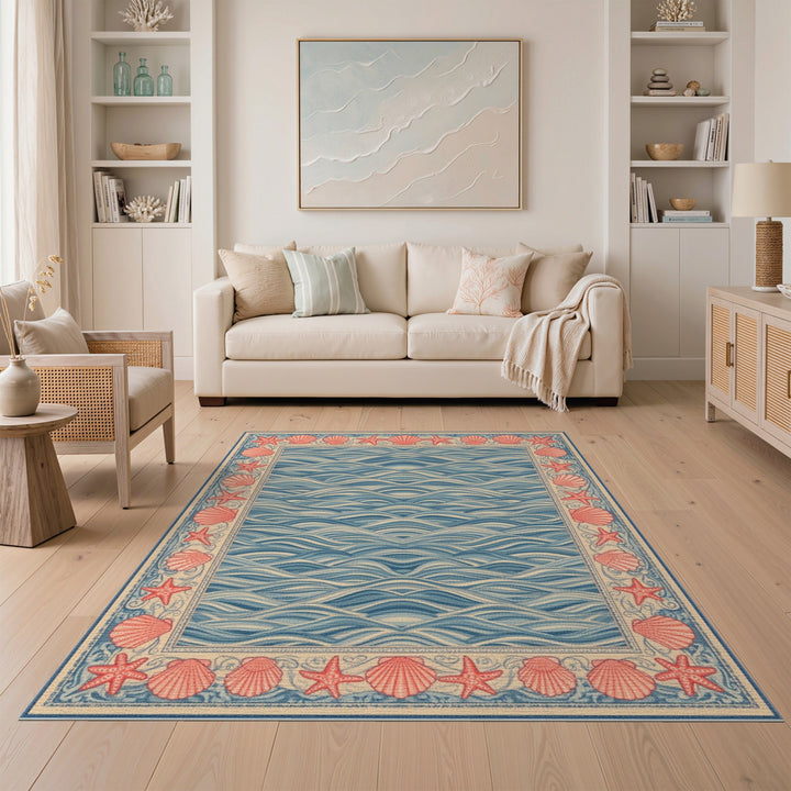 Blue Coastal Wave Area Rug with Seashell Border
