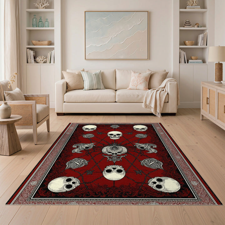 Distressed Vintage Red Gothic Skull Area Rug