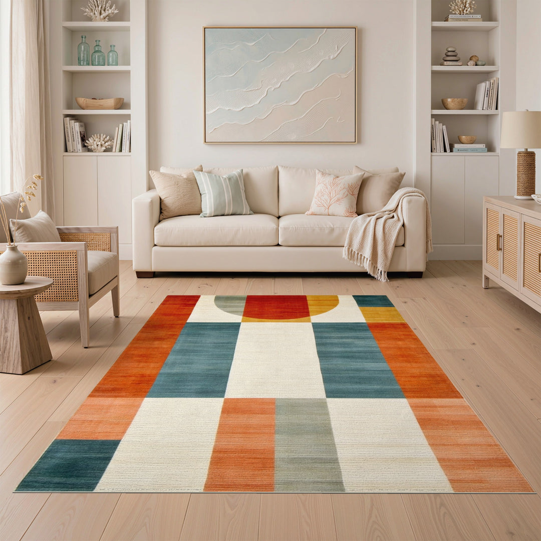 Bold Geometric Area Rug with Red Circle Motif