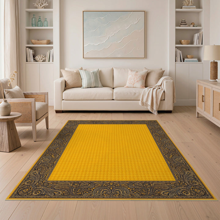 Yellow Paisley Border Traditional Rug
