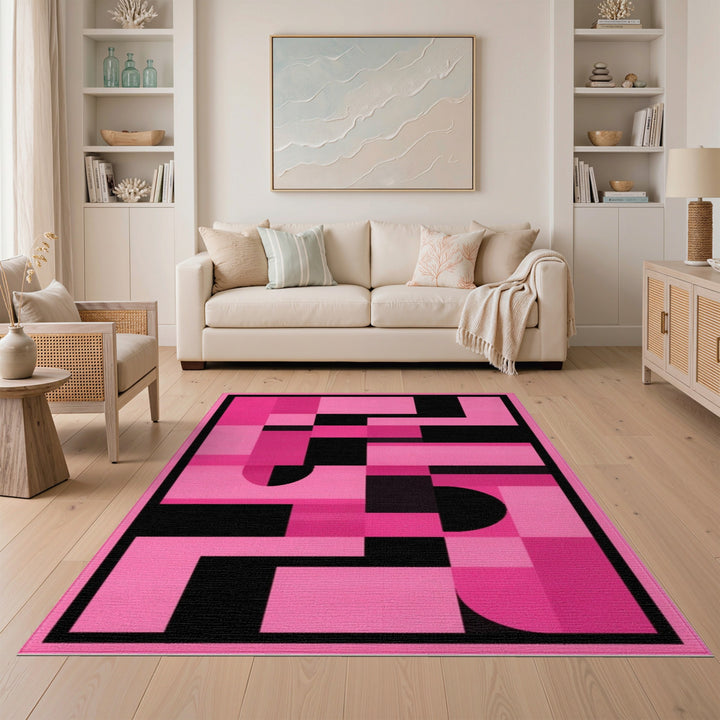 Bold Pink Black Geometric Pink Area Rug