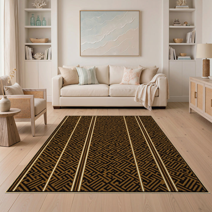 Black and Gold Geometric Maze Area Rug
