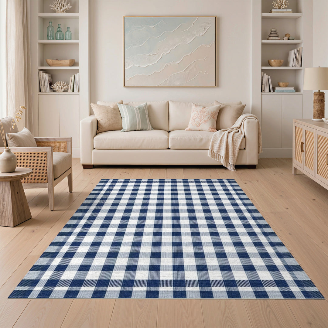 Geometric Modern Blue Checkered Gingham Area Rug