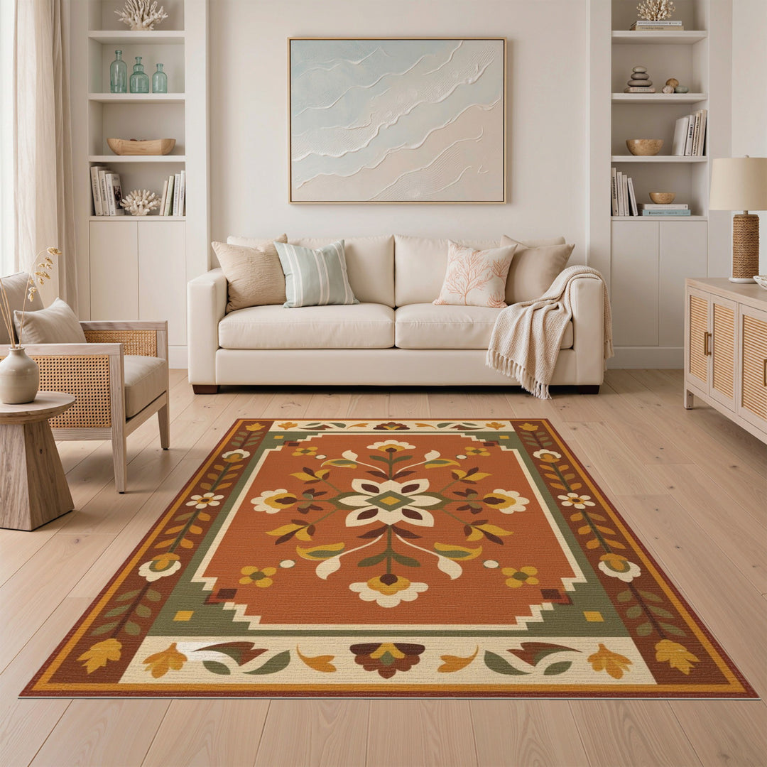 Terracotta Floral Medallion Area Rug