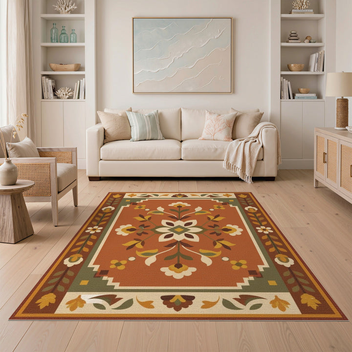 Terracotta Floral Medallion Area Rug