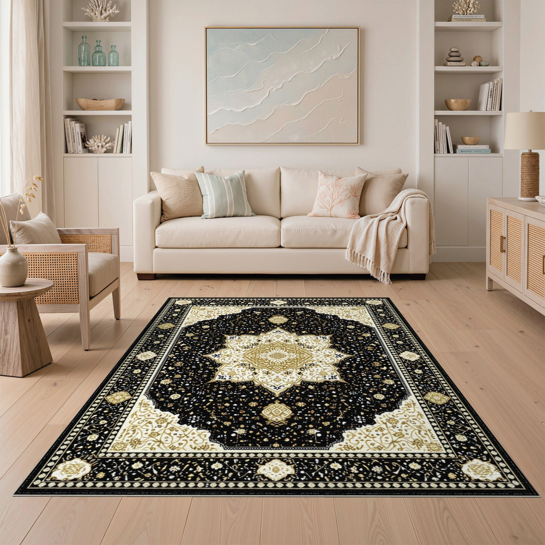 Traditional Persian Black Gold Persian Medallion Area Rug