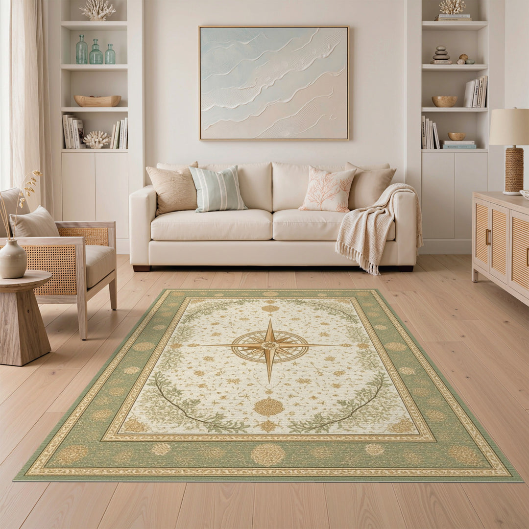 Floral Vintage Green Vintage Floral Compass Area Rug