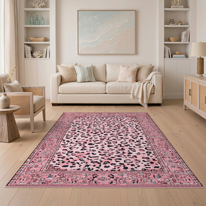 Pink Leopard Print Area Rug with Floral Border