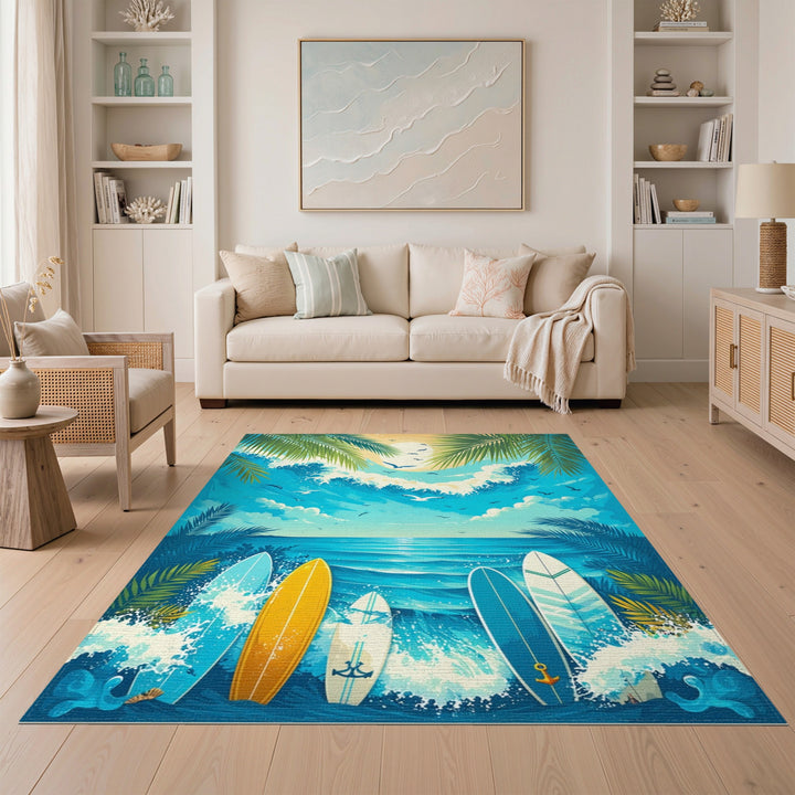 Blue Surfboard Waves Coastal Beach Area Rug