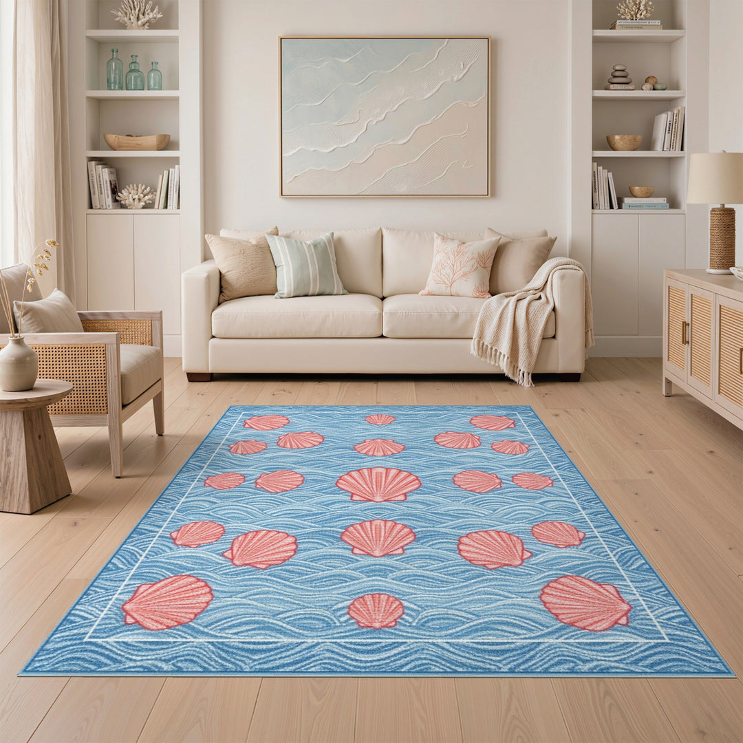 Blue Wave Red Seashell Coastal Area Rug