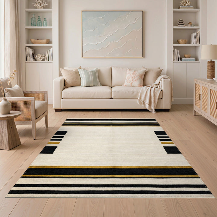 Black and White Black Gold Geometric Striped Area Rug