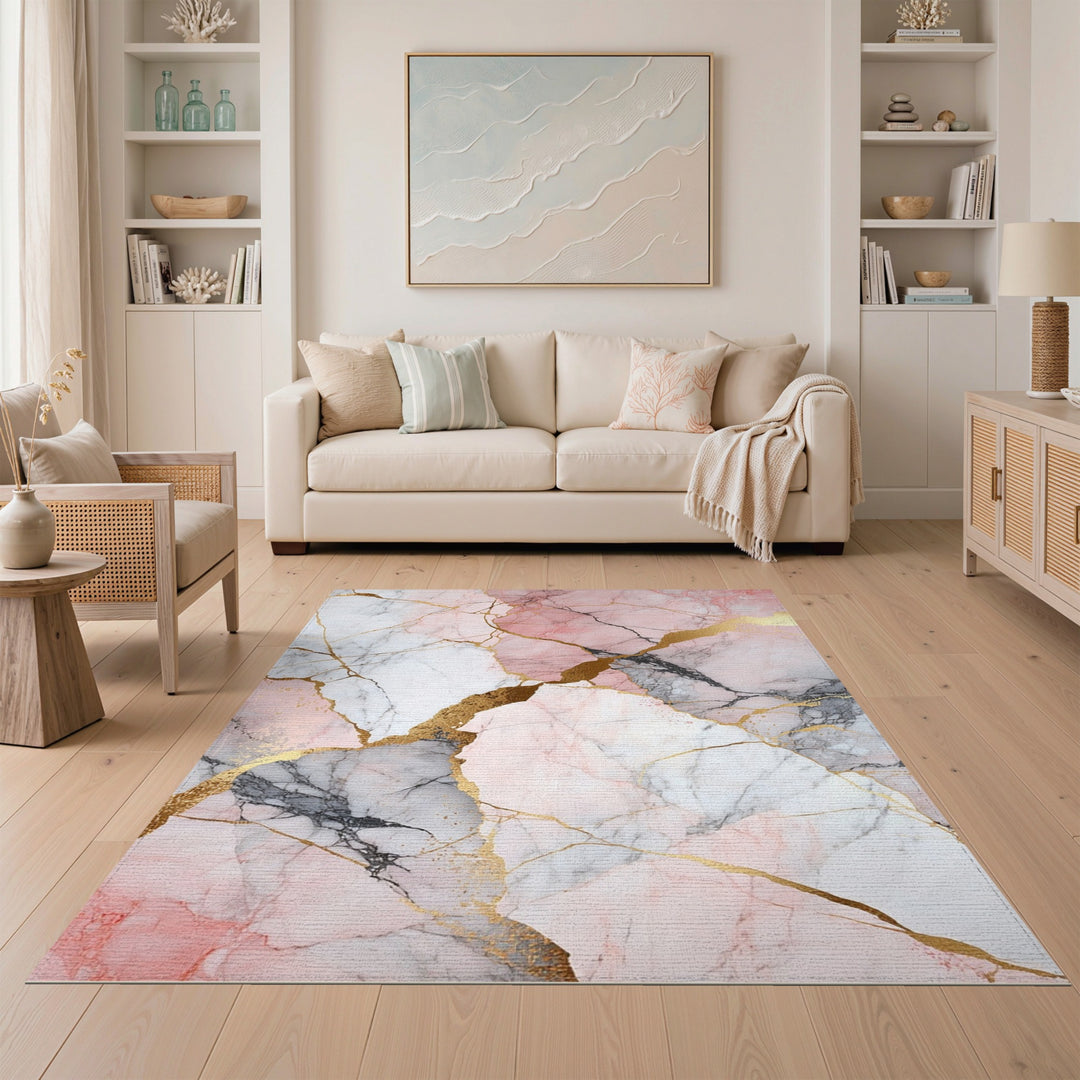 Abstract Area Pink Marble Gold Area Rug