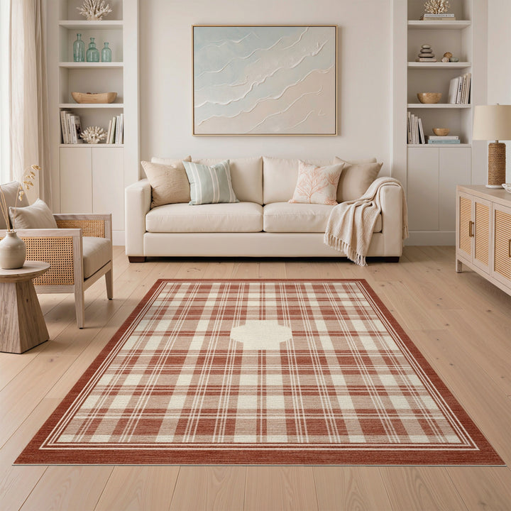 Brown Plaid Area Rug with Ivory Center Motif