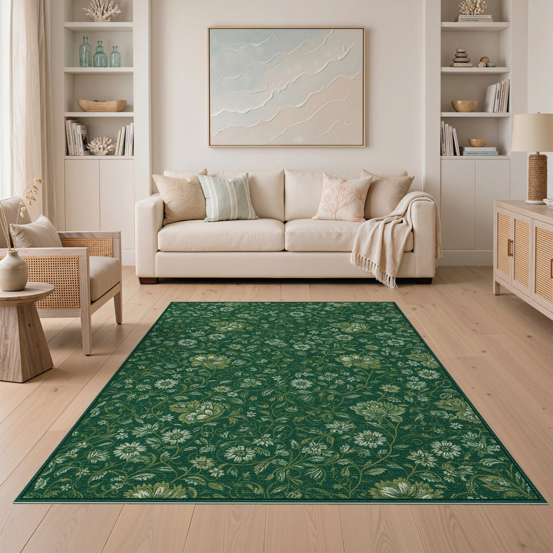 Green Floral Vintage Area Rug