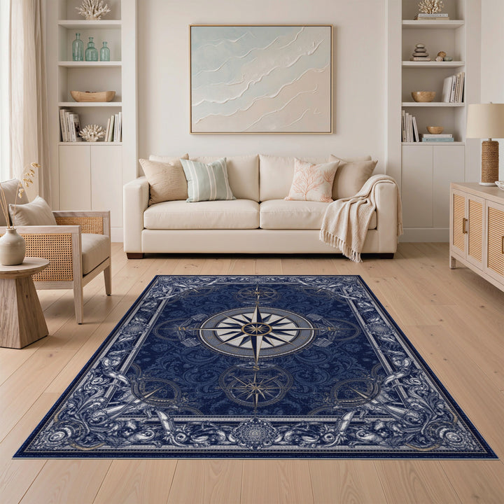Navy Compass Rose Vintage Area Rug