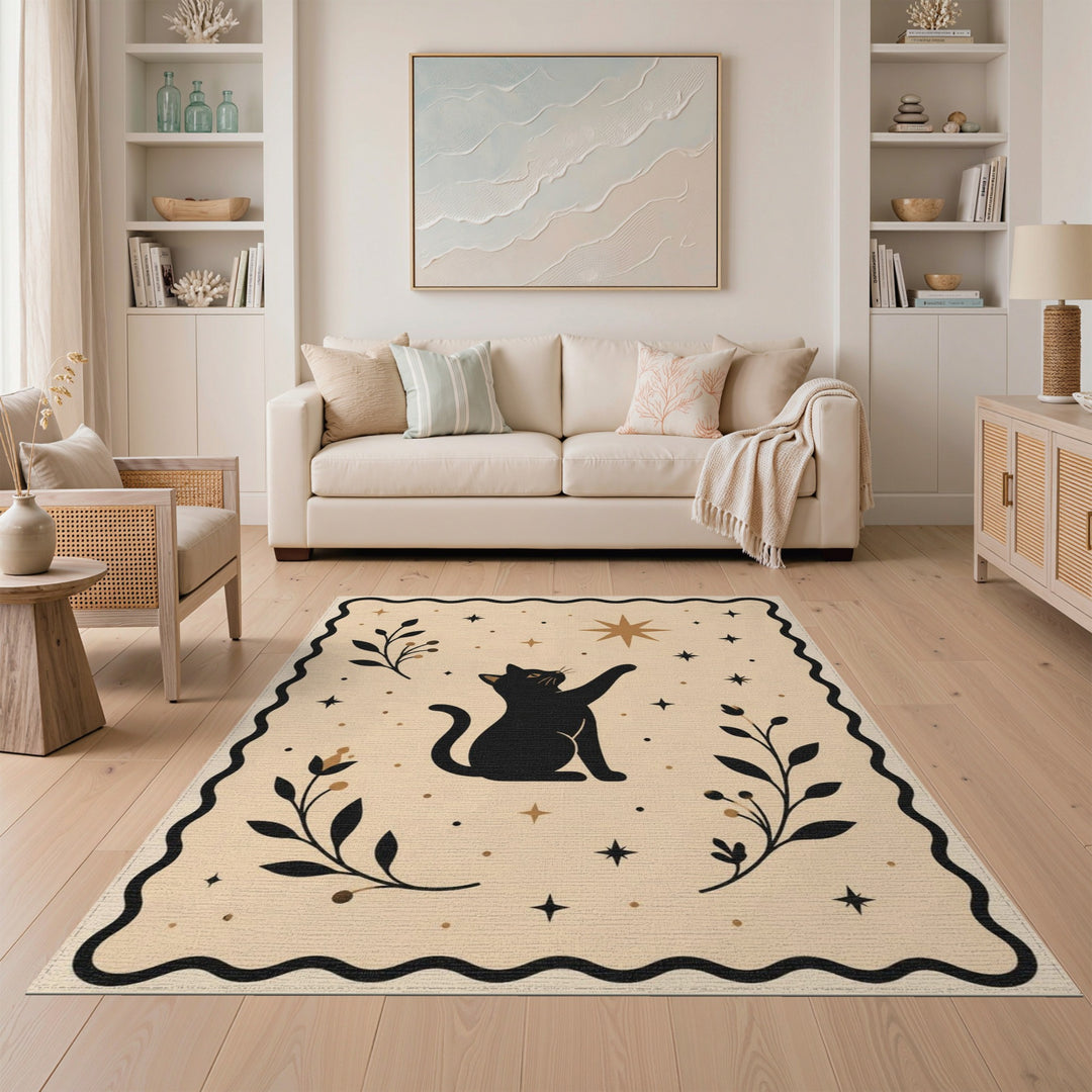 Celestial Cat Beige Boho Rug