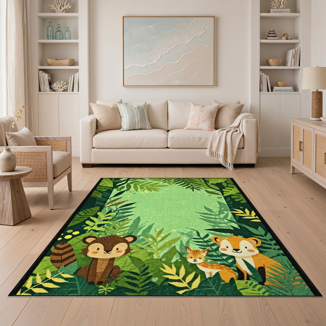 Forest Friends Kids Cartoon Green Area Rug