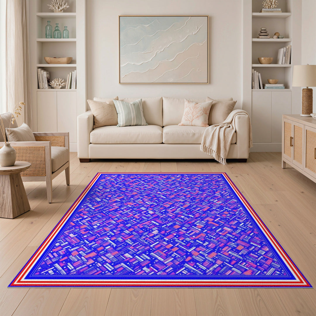 Vibrant Geometric Blue and Red Area Rug