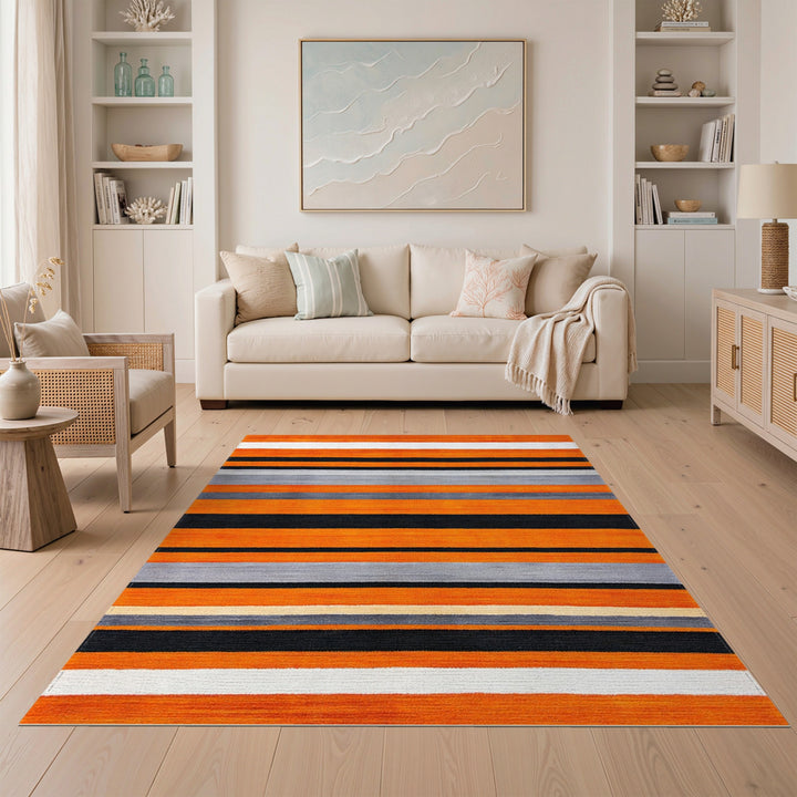 Geometric Modern Orange Black Striped Geometric Area Rug